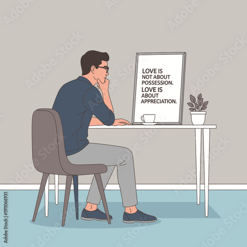 Thoughtful Man Contemplating Inspirational Quote At Desk