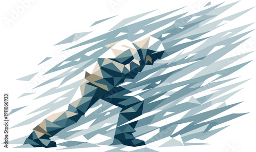 Low-poly vector illustration of a blizzard gust push as a direct hero depiction, angular human figure constructed from sharp