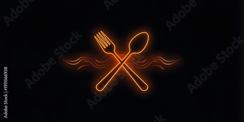 Crossed fork and spoon with glowing orange neon outline and steam effect representing food and dining isolated on black background