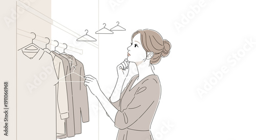 Thoughtful Woman Deciding On Her Outfit From A Clothes Rail