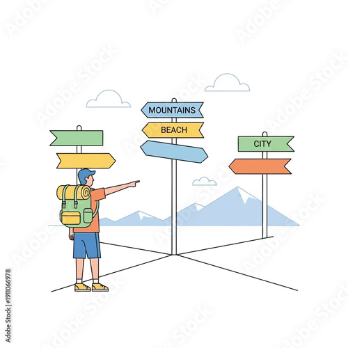 Traveler Choosing Destination At Mountainous Crossroads With Signposts For City Beach