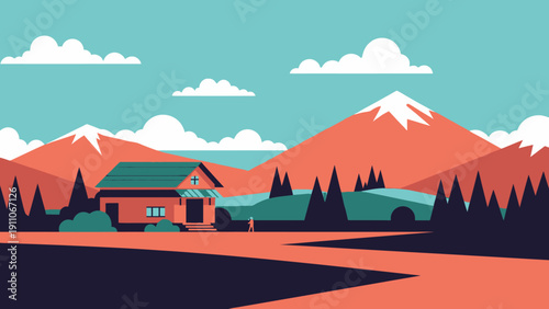 Serene mountain landscape with a cozy house and scenic natural beauty