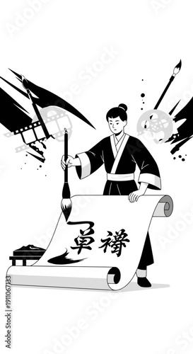 Traditional Asian Calligrapher Demonstrating Ancient Artistry