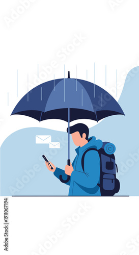 Traveler Navigating Rainy Weather With Smartphone Protection