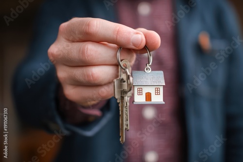 Wallpaper Mural Man holding key with tiny house keychain Torontodigital.ca