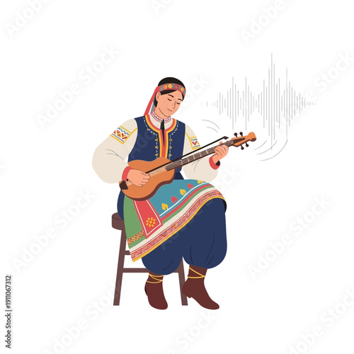 Traditional Musician Playing Stringed Instrument with Sound Waves Visualized