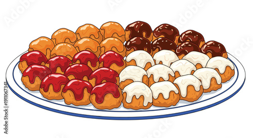 Large round white plate filled with many small glazed donuts in four distinct colors: light brown, dark brown, red, and white.