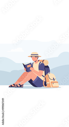 Traveler Relaxing Amidst Nature Reading A Book With Backpack Nearby