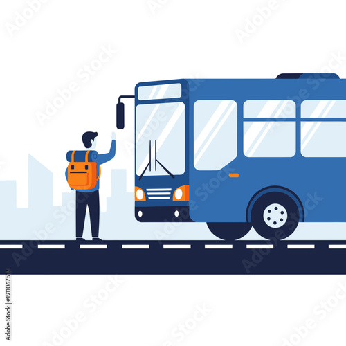 Traveler Waving To A Bus At A City Bus Stop