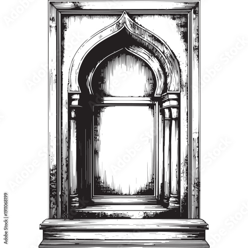 Tall arched window frame with inner opening vector engraving style isolated on white background for architectural poster design and classic doorway template