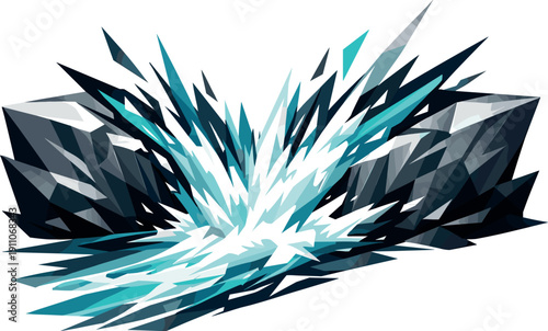 Low-poly vector illustration of a river rapid rush breakthrough moment, water blasting cleanly through a narrow choke point in a