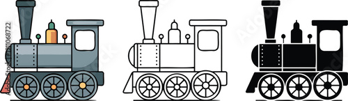 Vintage steam train locomotive silhouette & Outline and illustration set isolated on transparent background