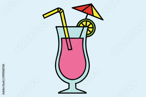 Colorful illustration of a tropical hurricane cocktail with a straw and umbrella Keywords: cocktail, drink, beverage, tropical