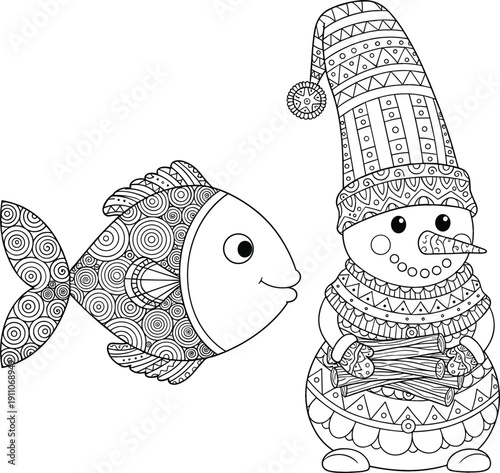 Cute Patterned Fish and Christmas Snowman Illustration in Zentangle Style, Black and White Hand Drawn Vector for Coloring Pages