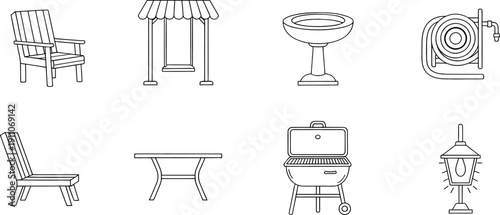 Set of Simple Outline Vector Icons for Home Garden, Patio and Backyard Essentials