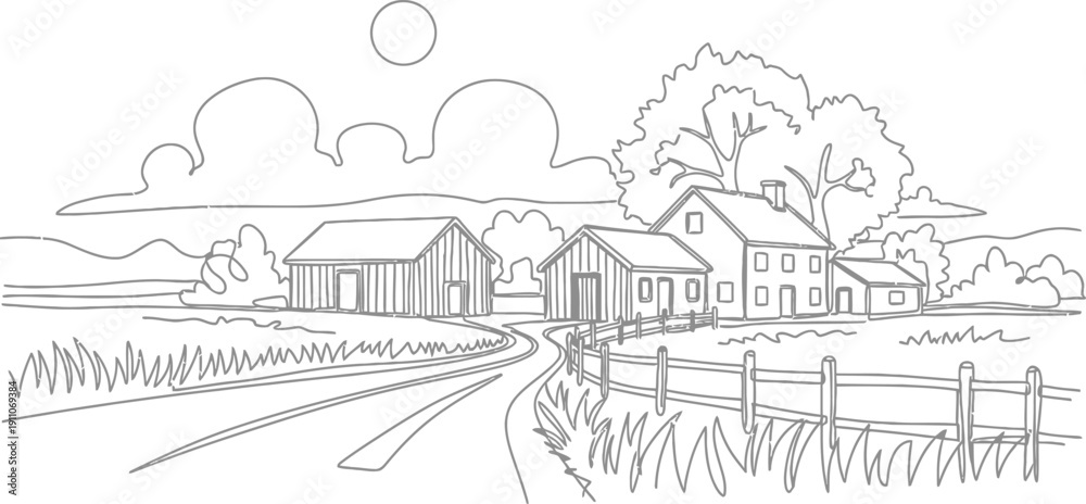 Naklejka premium Rural Farm Landscape with Houses and Barns