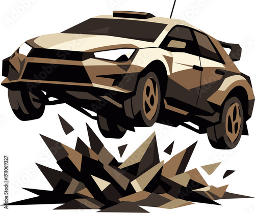 Low-poly vector illustration of a rally car at peak airtime during the jump, body slightly pitched forward with visible angular