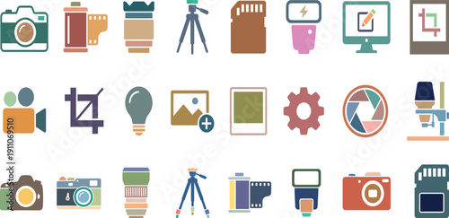 Vector icon set of household and office items including computer, phone, calendar, printer, camera and other business and technology symbols
