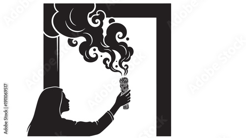Woman holding smoking candle in doorway black and white illustration