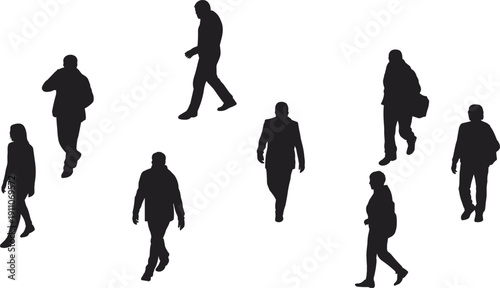Set of walking people silhouettes isolated on white background, business men and women pedestrian figures, urban crowd movement concept, commuting and daily life illustration.
