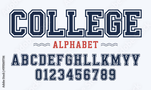 College Style Alphabet and Number Set with Bold Navy Blue Varsity Slab Serif Typography for University Apparel Design