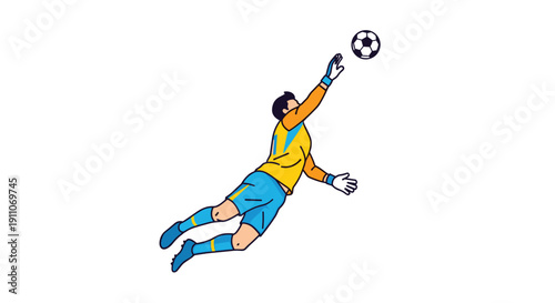 Soccer goalkeeper in yellow and blue uniform dives in mid-air reaching for a black and white football.