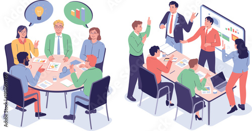 Isometric vector illustration of business professionals having a round table meeting and presenting data on a whiteboard in office.