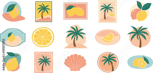 Summer Vibes Tropical Palm Trees, Citrus Fruits, and Seashells in Artistic Emblems
