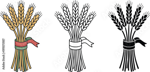 Wheat sheaf silhouette & Outline and illustration set isolated on transparent background