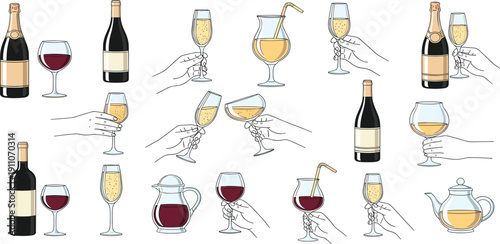 A vibrant collection of hand-drawn illustrations featuring various bottles, glasses, and hands holding a wide array of celebratory drinks and beverages