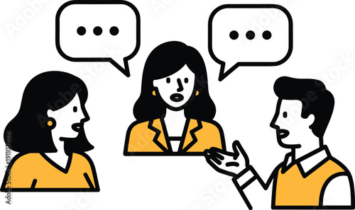 Illustration of three people engaged in conversation with speech bubbles indicating dialogue and interaction