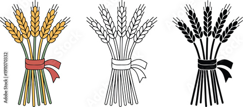 Wheat sheaf silhouette & Outline and illustration set isolated on transparent background