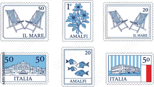 Charming collection of vintage Italian postage stamps depicting idyllic coastal scenes, historical architecture, vibrant flora, and marine life from picturesque Italy and the renowned Amalfi Coast