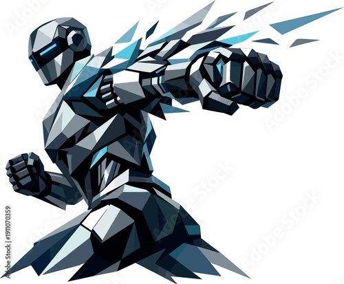 Aggressive robotic warrior in dynamic pose with sharp geometric design and blue accents