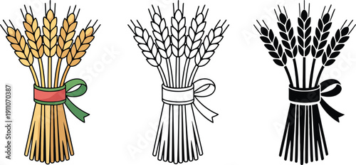 Wheat sheaf silhouette & Outline and illustration set isolated on transparent background