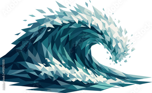 Abstract geometric wave breaking with fragmented polygons in shades of blue and white