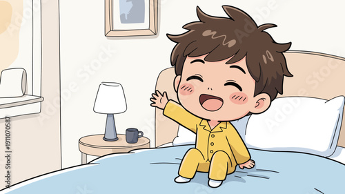 Happy cartoon boy waking up in morning, sitting on bed in yellow pajamas and waving, cute bedroom interior vector illustration.
