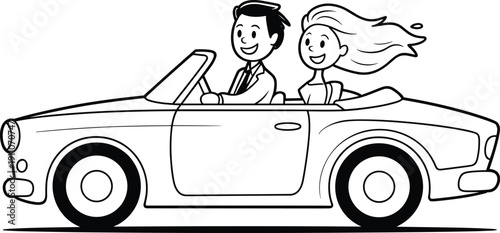 Happy couple driving vintage convertible car, man and woman enjoying road trip summer vacation, hand drawn line art coloring page.