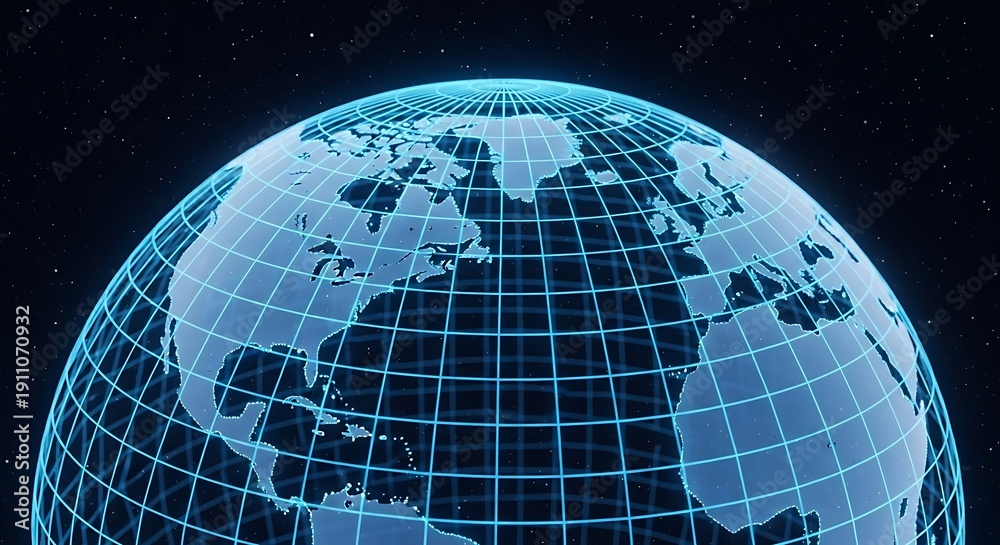 Naklejka premium Glowing Blue Wireframe Globe with Starry Background Keywords: globe, earth, world, planet