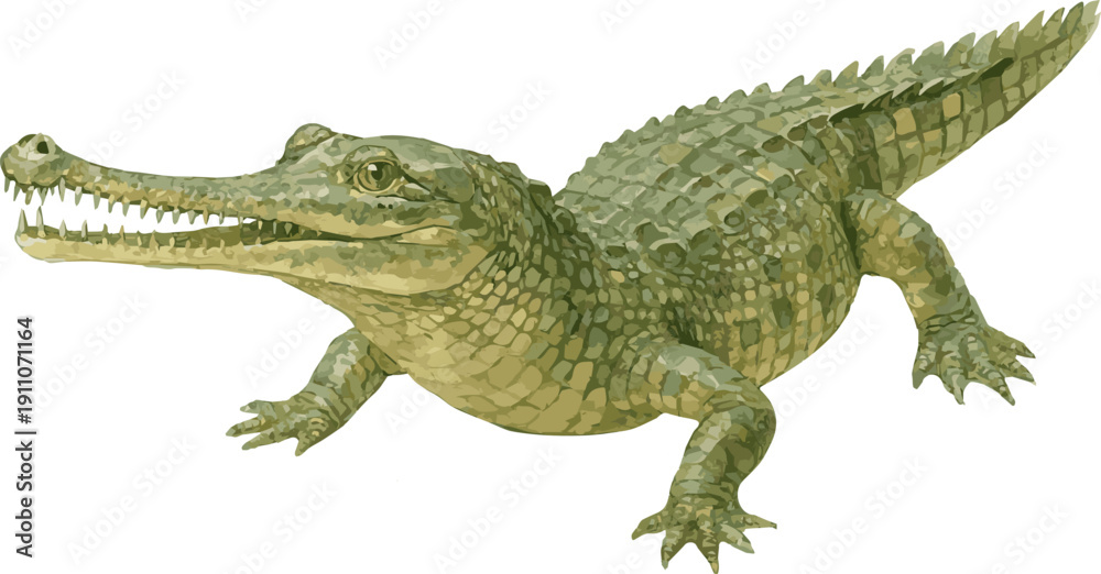 Fototapeta premium Vector watercolor illustration of a gharial crocodile