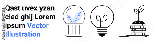 Sustainability, innovation, green energy, eco-friendly economy, renewable resources, financial growth. Plant in light bulb, sprouting seed. Sustainability and innovation concept