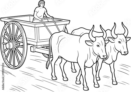 Traditional Indian bullock cart driven by a farmer, rural village transport line art, wooden ox wagon coloring page for kids.