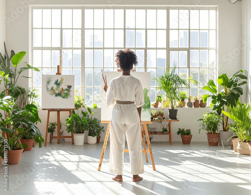 A woman is painting a picture in a room with many plants. She is standing in front of a canvas and a wooden easel