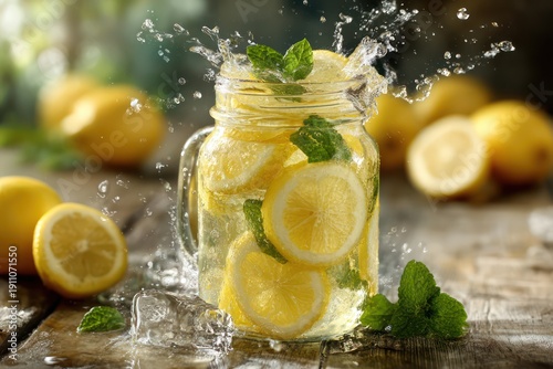 Lemonade splashing in jar with mint leaves