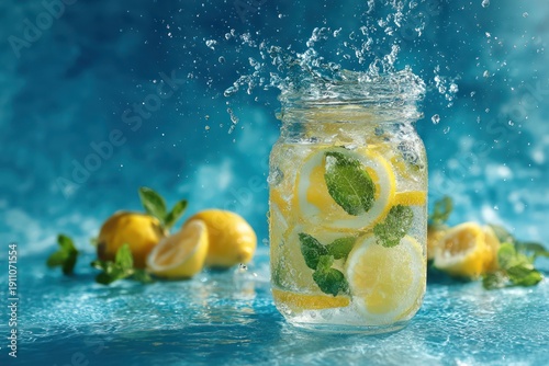 Refreshing summer lemonade splash in glass jar