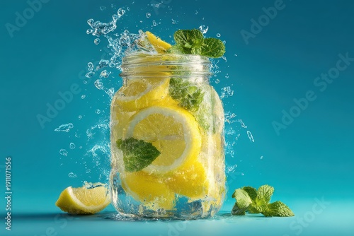 Cold citrus drink splashing with mint garnish