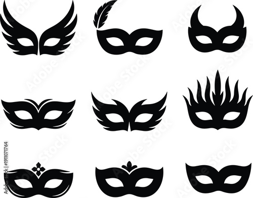 Set of nine black silhouette masquerade masks with decorative elements Keywords: masquerade, mask, carnival, party, costume