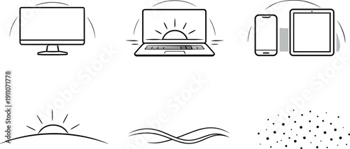 Line vector icons of device backlight synchronized with sunset (evening sync light): device silhouette, subtle backlight, low sun