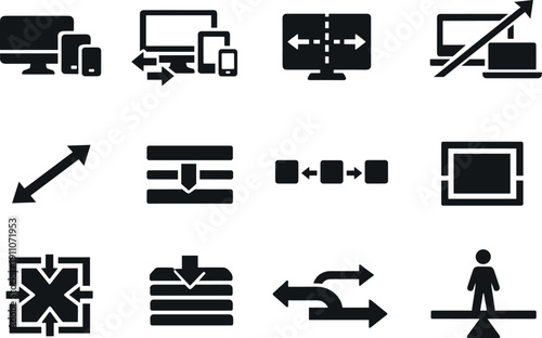 Solid vector icons of responsive layout system: responsive, adaptive, breakpoint, resize, scale, alignment, spacing, margin,