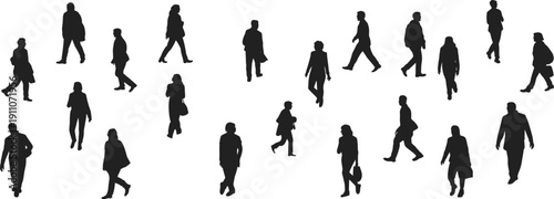 Walking people silhouettes collection isolated on white background, men and women pedestrians in different poses, urban commuters, city crowd movement concept illustration design.